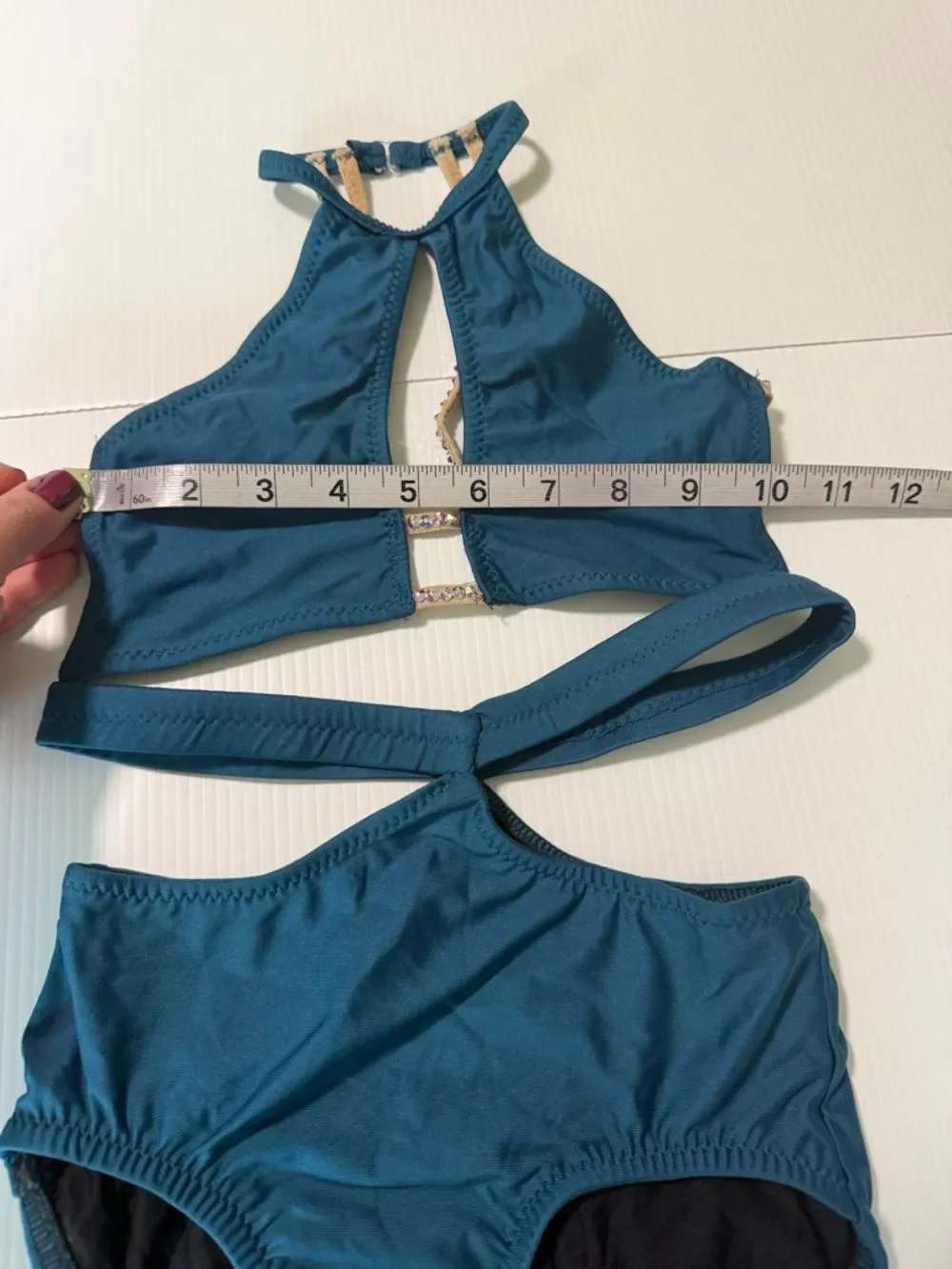 Custom made dance costume blue bling 2 piece style LC-large child